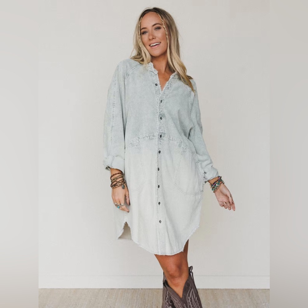 Three Bird Nest Frayed Edge Tie Dye Light Sage Corduroy Tunic Dress